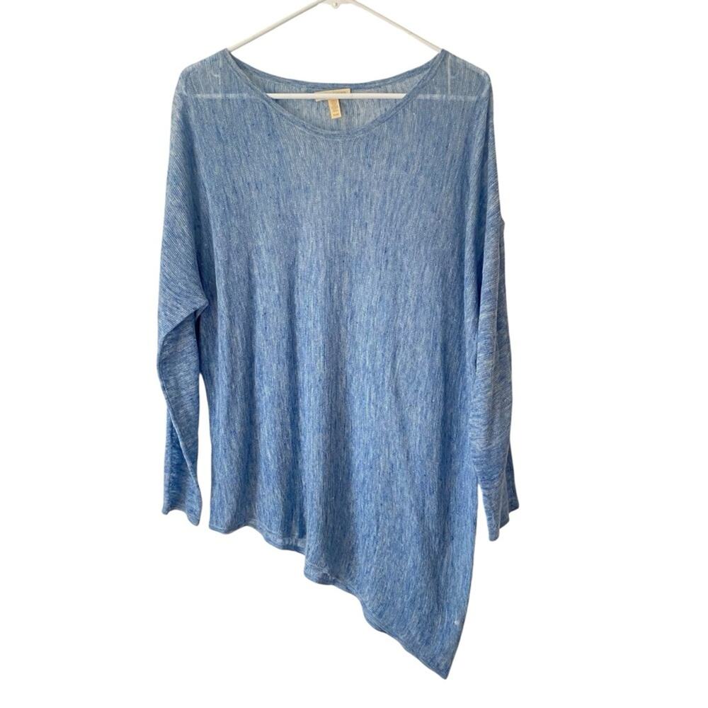 Eileen Fisher Blue Linen Asymmetrical Sheer Pullover Top Sweater size medium